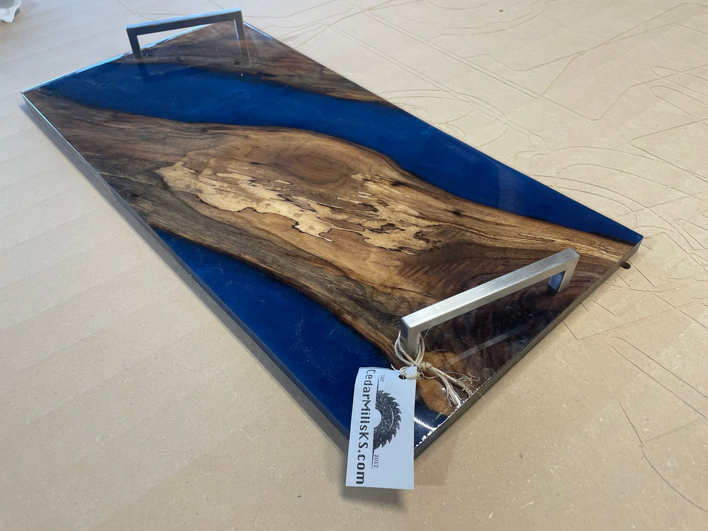 Walnut serving tray completely coated in resin