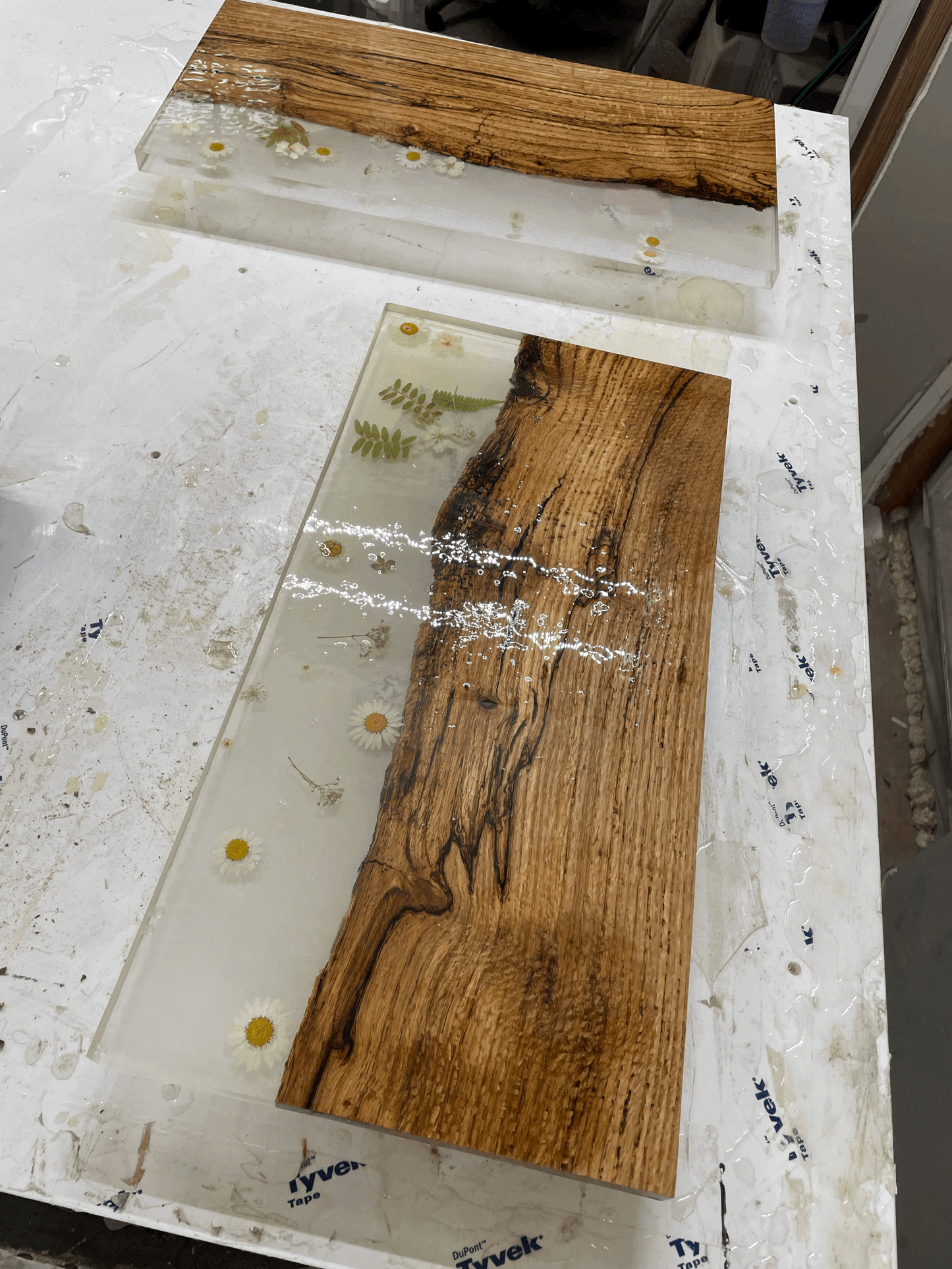 oak and epoxy end tables or serving trays