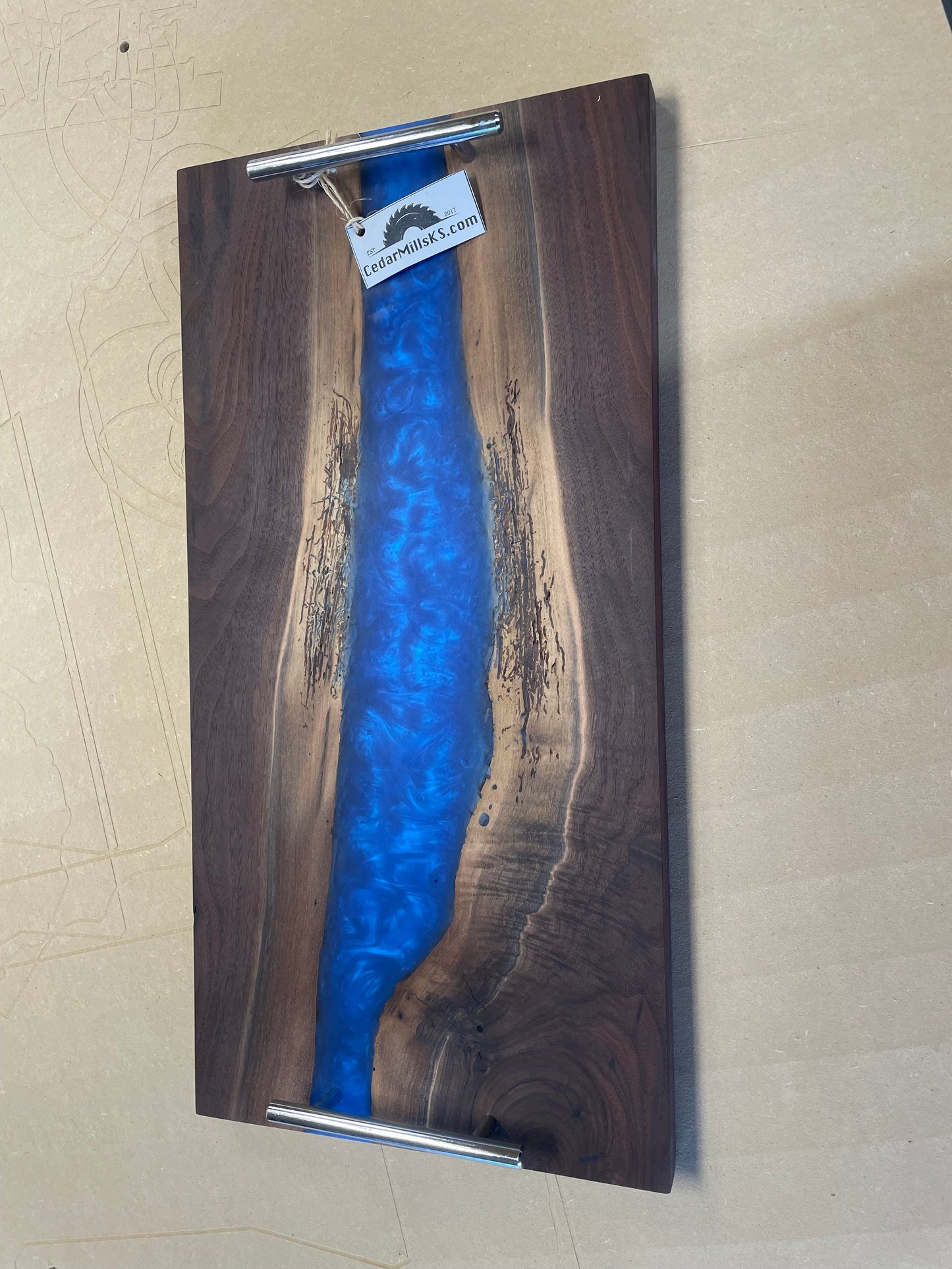 Walnut with blue epoxy serving tray