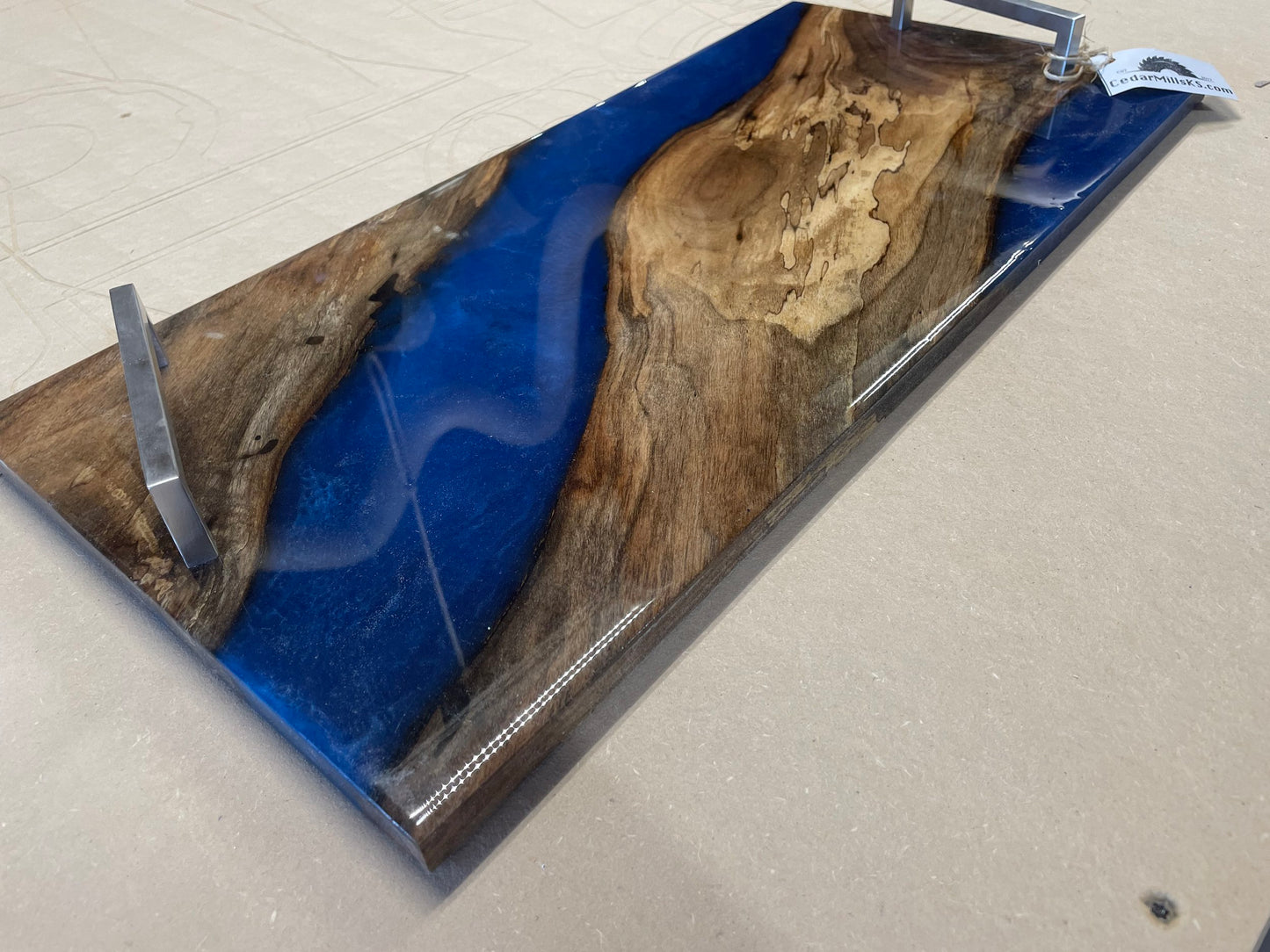 Walnut serving tray completely coated in resin